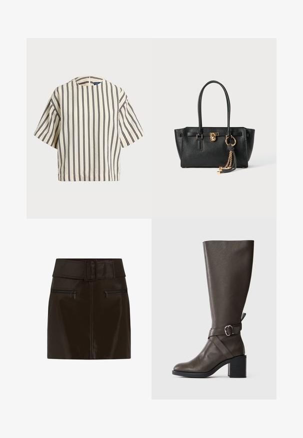 Krótki rękaw, paskowana bluzka w kolorze kremowym i granatowym, z okrągłym dekoltem i pudełkowym krojem, wykonana z fakturowanej tkaniny.; Brąskowa spódnica mini z ekoskóry z szerokim pasem, kwadratową klamrą i dwoma zasuwanymi kieszeniami po bokach. Gładka, błyszcząca faktura.; Ciemnobrązowa skórzana cholewka do kolan z średnim obcasem blokowym oraz ozdobnym paskiem z srebrną klamrą wokół kostki.; Czarna skórzana torebka na podwójnych uchwytach, ze złotym zamkiem i łańcuszkiem, a także czarno-białym ozdobnym frędzlem na białym tle.