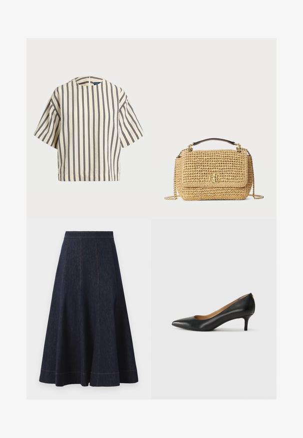 Kreminės ir tamsiai mėlynos juostelės trumpų rankovių marškinėliai, turi apvalų iškirpimą ir dėžutės tipo dizainą, pagaminti iš tekstūruotos medžiagos.; Tamsiai mėlyna džinsinė sijonas su platėjančia siluetu, turintis vertikalių siūlių detalių ir kontrastingų oranžinių siūlų palei apatinį kraštą.; Juodos odinės aukštakulnės bateliai su smailiu nosiu, žemu kulnu ir lygiu paviršiumi. Priekyje yra nedidelis atvirumas, o gale minimalus apdaila.; Austo pintas šiaudinis rankinukas natūralios smėlinės spalvos. Papuoštas aukso tono logotipu, grandinės dirželiu ir ruda viršutine rankena. Stačiakampio formos su užsegama atlapo uždanga.