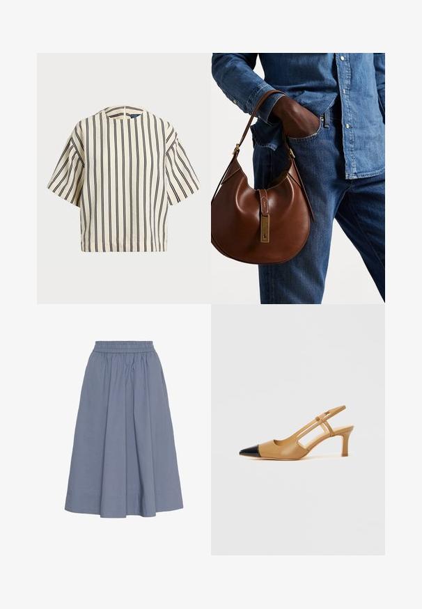 T-shirt à manches courtes, rayé crème et marine, présentant un col rond et un design boxy avec un tissu texturé.; Une jupe en coton bleu clair, arrivée au genou, avec une taille élastique, présentant un design froncé et une texture lisse pour le confort.; Escarpins slingback couleur fauve avec embout pointu noir, côtés découpés et talon bloc de hauteur moyenne. Matière en cuir lisse.; Sac en cuir marron de style hobo avec une forme arrondie, mettant en avant un accent en métal doré et des coutures contrastantes. Assorti à une chemise en denim et un jean.