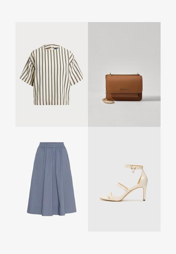 T-shirt à manches courtes, rayé crème et marine, présentant un col rond et un design boxy avec un tissu texturé.; Une jupe en coton bleu clair, arrivée au genou, avec une taille élastique, présentant un design froncé et une texture lisse pour le confort.; Sandales à talons beiges avec une fine bride de cheville et deux brides supérieures. Fini verni brillant et détails en métal doré sur la bride de cheville.; Sac en cuir texturé marron en bandoulière avec une sangle en chaîne dorée et une fermeture à rabat. L'avant présente un détail de logo et une poche sous le rabat.