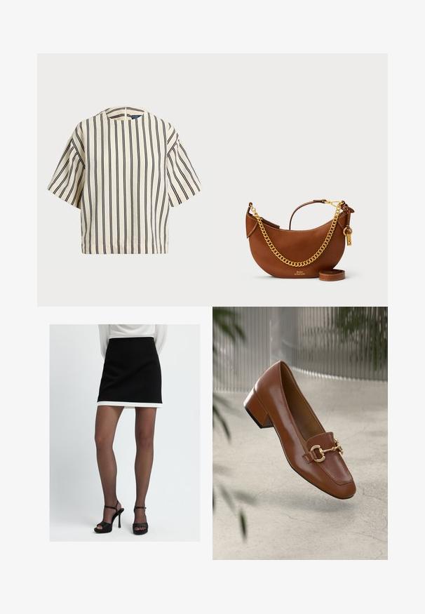 Kortærmet, stribet top i creme og marineblå, med rund halsudskæring og boxy design i et tekstureret stof.; Sort mini-nederdel med en hvid kant, lavet af glat stof. Parret med sorte platform sandaler, der viser et minimalistisk design.; Brun patentlæder loafers med firkantet tå, metallisk kædeaccent og lav blokhæl; glat tekstur, minimalistisk design.; Brun læderhandtaske med et buet design, guld kædestropp, indvendig lomme og en aftagelig skulderrem. Har kontrastsyning.