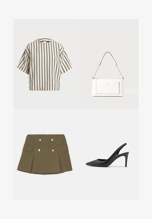 Kreklus, svītrainā blūze ar īsām piedurknēm, krēmkrāsā un tumši zilā tonī, ar apaļu apkakli un kvadrātveida dizainu, izgatavota no teksturētas auduma.; Olivu zaļa mini svārki, izgatavoti no teksturēta auduma, ar divrindu sudraba pogām un sānu kabatām ar krokotu dizainu.; Melnas ādas sūkņu kurpes ar augstiem papēžiem un norādītu pirkstu dizainu, ar izgriezumu priekšā un plānu stiletto papēdi.; Baltā ādas rokassomu ar teksturētu apdari, ar zelta ķēdes siksnu un melniem akcentiem. Iekļauj priekšējo kabatu un aizdari ar rāvējslēdzēju.