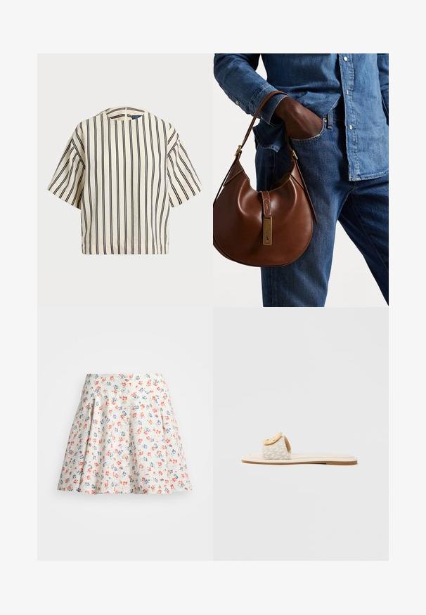 Top de manga curta, riscado em creme e azul marinho, com decote redondo e design boxy em tecido texturizado.; Saia floral em tecido creme, apresentando flores vermelhas e azuis. Forma em A com pregas na cintura e fechamento frontal com botão.; Sandália tipo slide com uma tira bege com padrão geométrico, um detalhe arredondado amarelo na parte superior e uma sola plana e clara.; Bolsa hobo de couro castanho com forma arredondada, apresentando um acabamento em metal dourado e costura em contraste. Combinada com uma camisa de ganga e jeans.