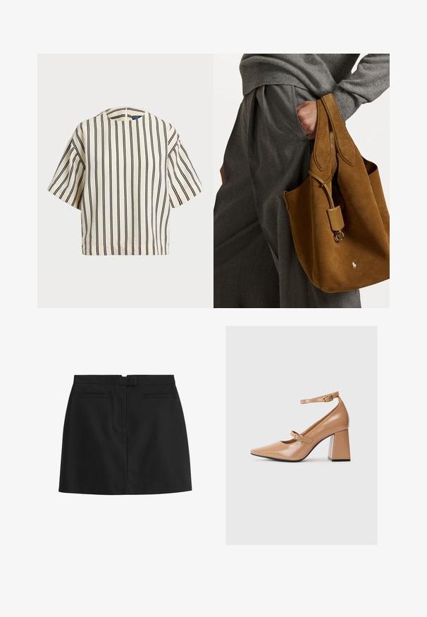 Kortärmad randig topp i krämfärgad och marinblå, med rund halsringning och fyrkantig design i en texturerad tyg.; Svart minikjol i slätt material, med rak skärning, två bakfickor och dold dragkedja bak.; Beige lackskinn högklackade skor med spetsig tås, ankelsnodd och kraftig fyrkantig klack. Slen yta med glansig finish.; Brun mocka toteväska med rund form, dubbla handtag och en metallutsmyckning. Har en liten logotyp på framsidan.