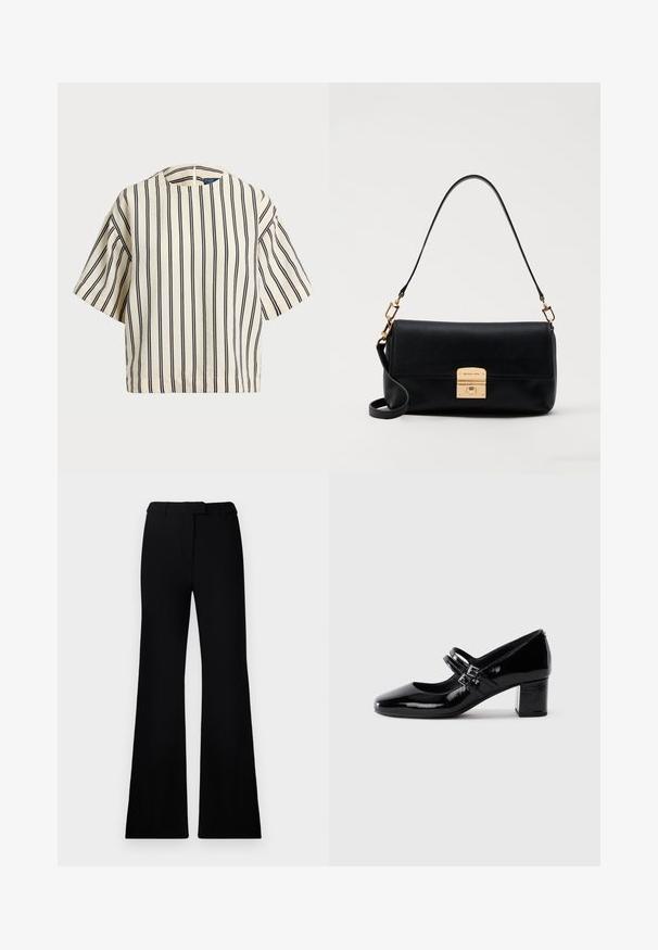 T-shirt à manches courtes, rayé crème et marine, présentant un col rond et un design boxy avec un tissu texturé.; Pantalons évasés noirs avec une texture lisse, une taille cintrée et des poches avant, conçus avec une silhouette moderne et élégante.; Chaussure Mary Jane en cuir verni noir avec deux courroies à boucle et un petit talon carré sur fond blanc.; Sac à main en cuir noir avec une forme rectangulaire plate, quincaillerie dorée et une poignée supérieure. Présente une fermeture à clasp et un détail de logo signature.