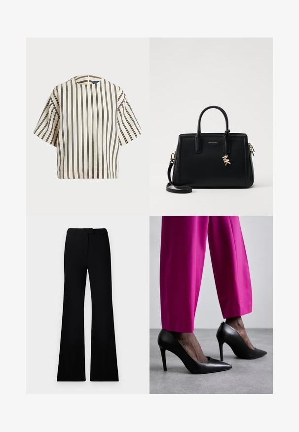 Kortærmet, stribet top i creme og marineblå, med rund halsudskæring og boxy design i et tekstureret stof.; Sorte flagrende bukser med en glat tekstur, skræddersyet talje og forlommer, designet med en slank, moderne silhuet.; Sorte højhælede sko med spids tå-design og glat læderstruktur. Kombineret med lyserøde, skræddersyede bukser.; Sort læder håndtaske med struktureret design, dobbelt top håndtag, aftageligt skulderrem, guld hardware og en logo charme accent.