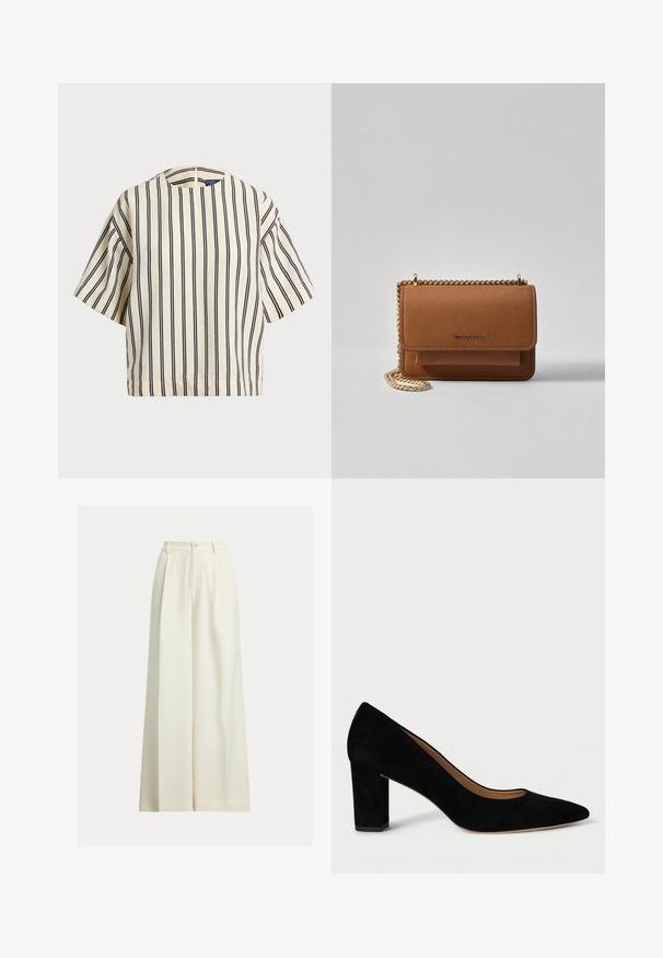 T-skjorte med korte ermer, stripet i kremfarge og marineblå, med rund hals og en boxy design i en strukturert stoff.; Kremfargede vide bukser laget av glatt stoff, med høy midje, to folder foran og enkel knapping.; Sorte semskede høyhelte sko med spiss tå og blokkhelt. Designet har en jevn tekstur og en klassisk silhuett.; Brun teksturert lær crossover-veske med gullkjede-stropp og klaffelukking. Fronten har logo-detalj og en lomme under klaffen.