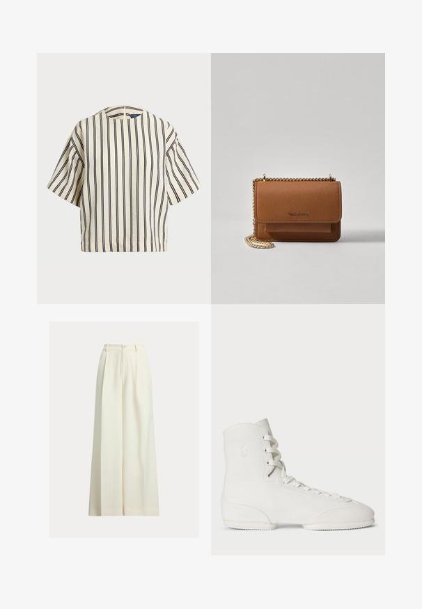 T-skjorte med korte ermer, stripet i kremfarge og marineblå, med rund hals og en boxy design i en strukturert stoff.; Kremfargede vide bukser laget av glatt stoff, med høy midje, to folder foran og enkel knapping.; Polo Ralph Lauren THE HIGH TOP PONY BALLERINA SNEAKER - Høye joggesko - white; Brun teksturert lær crossover-veske med gullkjede-stropp og klaffelukking. Fronten har logo-detalj og en lomme under klaffen.