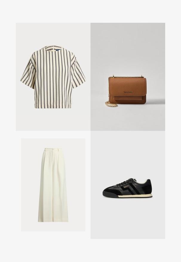 Kratek rokav, prugast top v kremni in mornarsko modri barvi, z okroglim izrezom in kvadratnim dizajnom ter teksturirano tkanino.; Krem široke hlače iz gladkega blaga, z visokim pasom, dvema sprednjima naborkoma in zapiranjem na en gumb.; GANT BEYLANA - Športni copati - black; Rjava teksturirana usnjena torba čez ramo z zlatim verižnim trakom in zapiranjem na pokrov. Spredaj je vidna podrobnost logotipa in žep pod pokrovom.