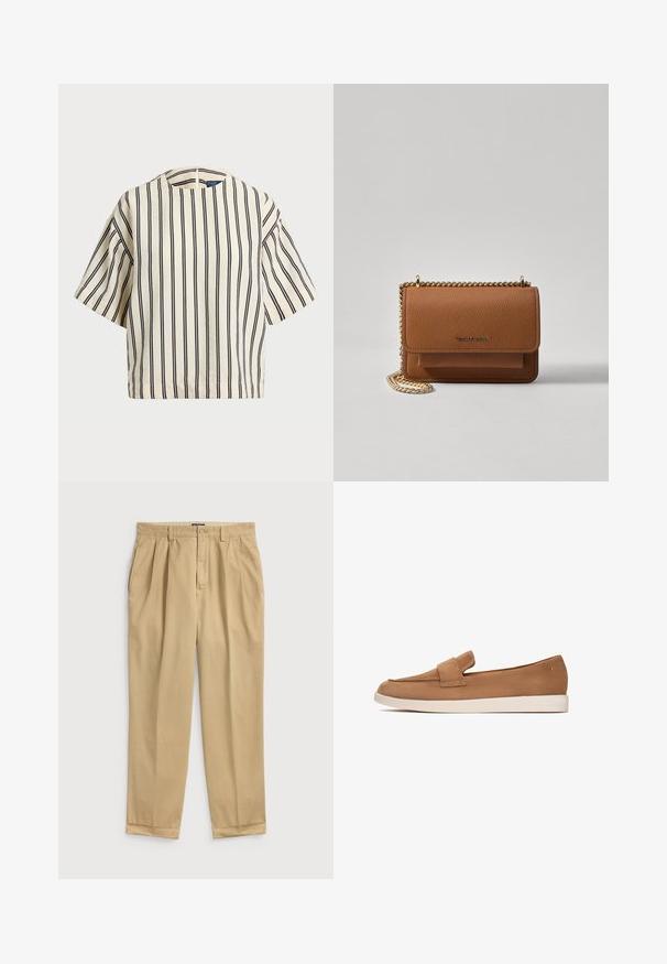 Krótki rękaw, paskowana bluzka w kolorze kremowym i granatowym, z okrągłym dekoltem i pudełkowym krojem, wykonana z fakturowanej tkaniny.; Jasno beżowe bawełniane spodnie o luźnym kroju, z przodu z plisami, bocznymi kieszeniami i mankietami.; Brązowy zamszowy but wsuwany na płaskiej podeszwie, z szerokim paskiem z przodu oraz gładkim, minimalistycznym wzornictwem.; Brązowa skórzana torba na ramię z teksturą, z złotym łańcuszkiem i zapięciem na klapkę. Z przodu znajduje się detal z logo oraz kieszeń pod klapką.