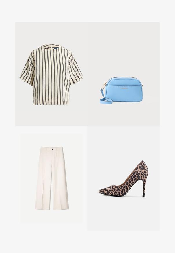 Short-sleeve, striped top in cream and navy, featuring a round neckline and boxy design with a textured fabric.; Cream wide-leg trousers with a tailored design, featuring two front pockets and a single front button closure, made from smooth fabric.; Leopard print high-heeled shoe with pointed toe, textured fabric, 10 cm stiletto heel, and smooth interior lining.; Light blue leather crossbody bag with gold-tone hardware, zip closure, and a front pocket. Features an adjustable strap for convenience.