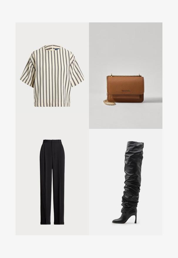 Top de manga corta a rayas en crema y azul marino, con cuello redondo y un diseño cuadrado, confeccionado en una tela texturizada.; Pantalones negros a medida con una cintura alta, que cuentan con pliegues en la parte delantera, un diseño de pierna recta y dobladillo con vuelta. Fabricados con un tejido suave.; Bota de cuero negra por encima de la rodilla con un diseño holgado, puntera afilada y tacón de estilete. Presenta una textura suave y detalles fruncidos.; Bolso crossbody de cuero texturizado marrón con correa de cadena dorada y cierre de solapa. La parte frontal presenta un detalle de logo y un bolsillo debajo de la solapa.