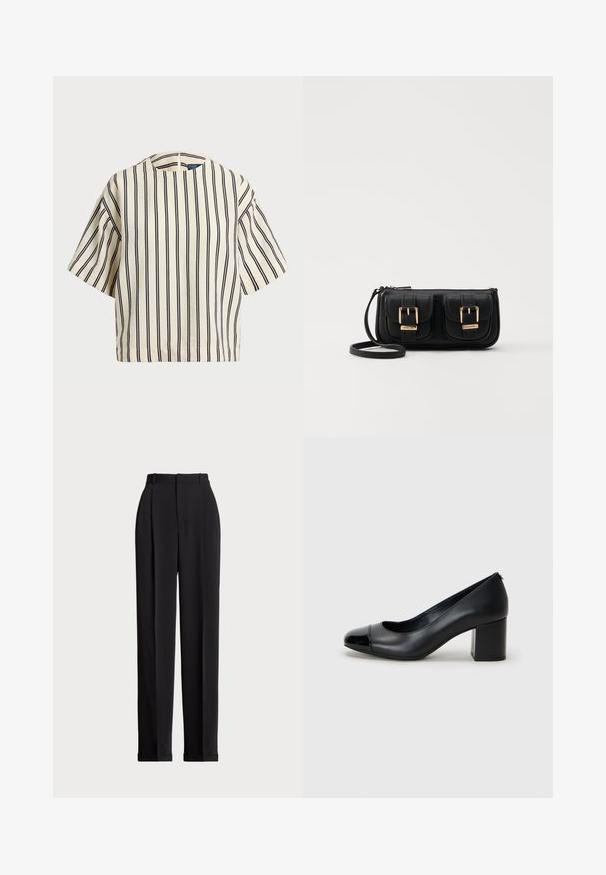 Kortærmet, stribet top i creme og marineblå, med rund halsudskæring og boxy design i et tekstureret stof.; Sorte skrædderbukser med høj talje, der har folder fortil, en lige benlængde og ombukket kant. Lavet af glat stof.; Sort læderpumpe med en blank sort tåkap og kraftig hæl. Glat tekstur og rund design med en diskret åbning foran.; Sort læder crossbody taske med to frontlommer, guldspænder, lynlåslukning og en slank rem. Struktureret overflade og kompakt rektangulær form.