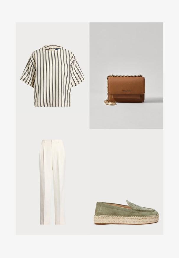 Kreemjas ja tumesinises triibuline lühikeste varrukatega top, millel on ümmargune kaelus ja kastmine disain, valmistatud tekstuurses kangas.; Polo Ralph Lauren HEMP WIDE LEG PANT - Püksid - nevis; Rohelised nahast loafers koos kudumise jute tallaga. Klassikaline disain sisaldab eesmist õmblust ja õmblemise detaile. Slim kuju ja pehme tekstuur.; Pruun tekstureeritud nahk ristkeha kott kuldse ahelaga rihmaga ja klapiga sulgemine. Esiküljel on logo detail ja tasku klapi all.