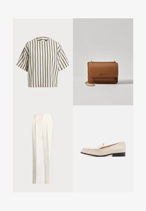 Top de manga corta a rayas en crema y azul marino, con cuello redondo y un diseño cuadrado, confeccionado en una tela texturizada.; Polo Ralph Lauren HEMP WIDE LEG PANT - Pantalones - nevis; MICHAEL Michael Kors CARLSON LOAFER - Zapatos sin cordones - light cream; Bolso crossbody de cuero texturizado marrón con correa de cadena dorada y cierre de solapa. La parte frontal presenta un detalle de logo y un bolsillo debajo de la solapa.