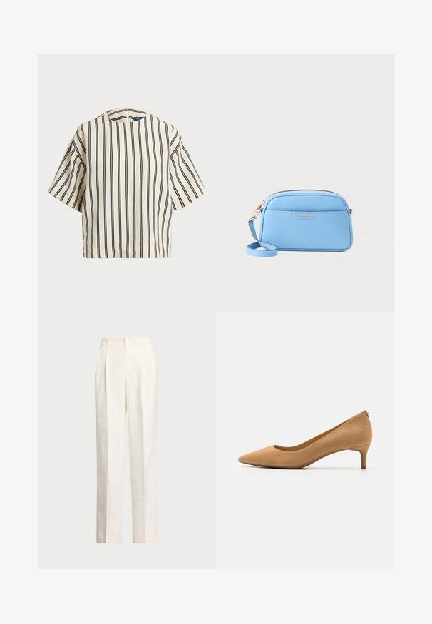 Short-sleeve, striped top in cream and navy, featuring a round neckline and boxy design with a textured fabric.; Polo Ralph Lauren HEMP WIDE LEG PANT - Trousers - nevis; Pointed-toe high heel shoe in tan suede, featuring a low heel and smooth texture. Classic silhouette with a slight back detail.; Light blue leather crossbody bag with gold-tone hardware, zip closure, and a front pocket. Features an adjustable strap for convenience.