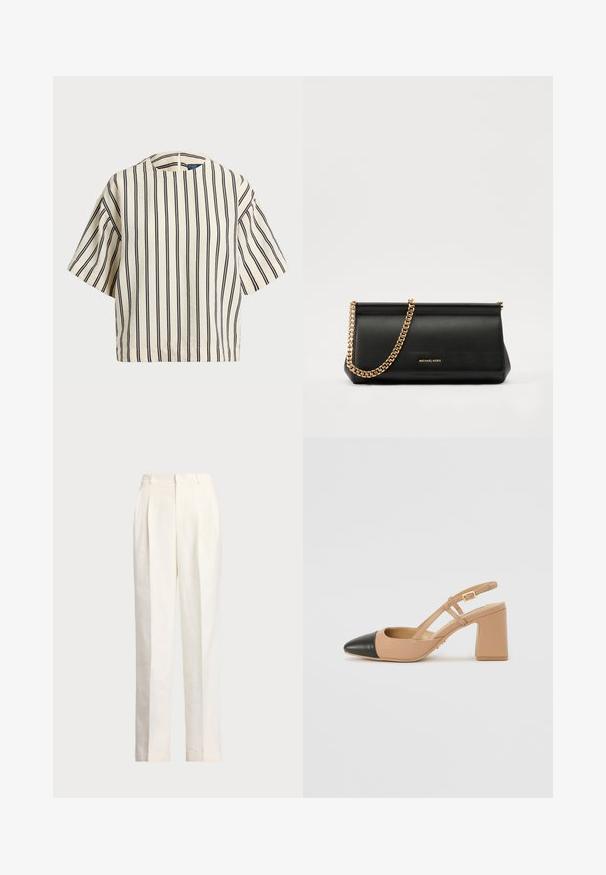 Krátky rukáv, pruhovaný top v krémovej a námorníckej modrej farbe, s okrúhlym výstrihom a štvorcovým strihom z texturovanej tkaniny.; Polo Ralph Lauren HEMP WIDE LEG PANT - Nohavice - nevis; Bežová slingback obuv s čiernou špičkou, štvorcovým vysokým podpätkom a dvoma pásikmi, vyrobená z hladkého materiálu.; Čierna kožená kabelka s retiazkou zo zlata, so hladkou textúrou, obdĺžnikovým tvarom a embosovaným logom na prednej strane.