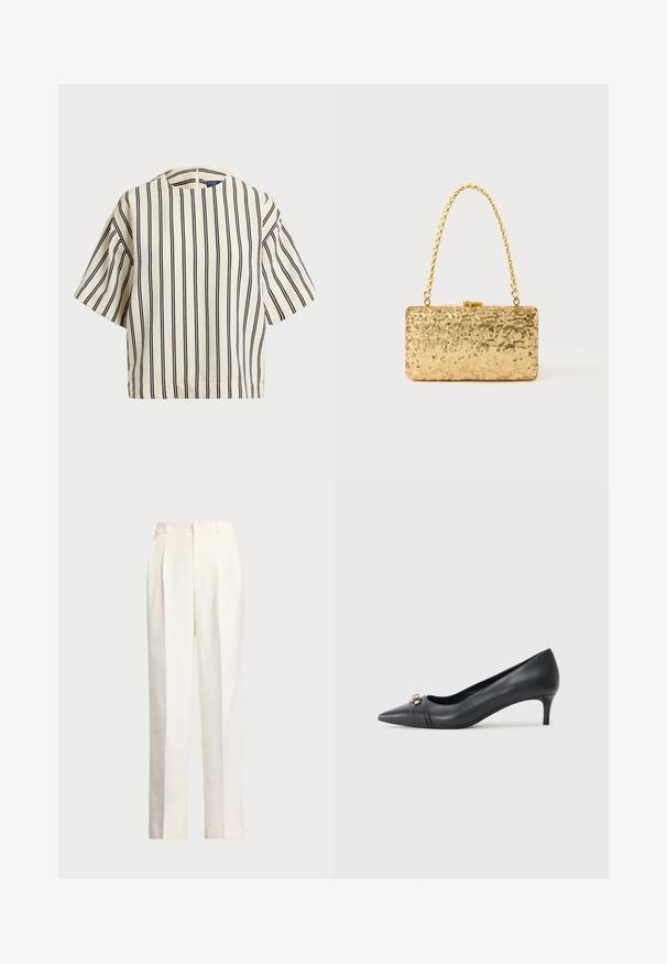 Top de manga corta a rayas en crema y azul marino, con cuello redondo y un diseño cuadrado, confeccionado en una tela texturizada.; Polo Ralph Lauren HEMP WIDE LEG PANT - Pantalones - nevis; Zapato de tacón bajo de cuero negro con punta afilada, que presenta una correa texturizada y un acento metálico en la parte frontal. Superficie suave y diseño elegante.; Clutch dorado de lentejuelas con forma rectangular, que presenta un asa de cadena trenzada y un cierre de metal, reflejando la luz con un acabado texturizado.