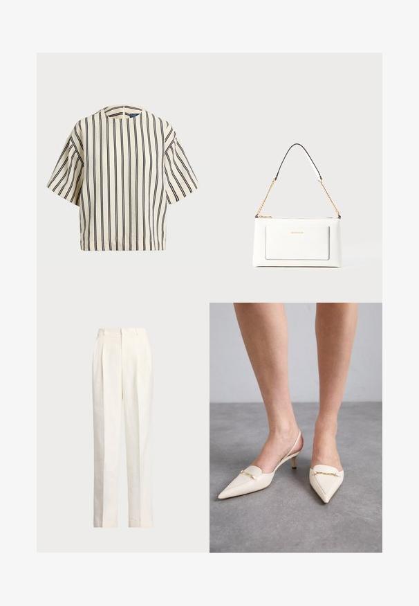Krátky rukáv, pruhovaný top v krémovej a námorníckej modrej farbe, s okrúhlym výstrihom a štvorcovým strihom z texturovanej tkaniny.; Polo Ralph Lauren HEMP WIDE LEG PANT - Nohavice - nevis; Krémové slingback lodičky s špičatou špičkou a štíhlym stredným podpätkom, s akcentom zlatého reťazca na priehlavku a hladkou koženou textúrou.; Biele kožené kabelka s textúrovaným povrchom, ktorá má zlatý retiazkový popruh a čierne akcenty. Obsahuje prednú kapsu a zipsové zapínanie.; Náušnice v zlatej farbe, ktoré majú obdĺžnikový, transparentný kryštál visiaci pod radom malých, guľatých, čírych akcentov. Elegantný, moderný dizajn.