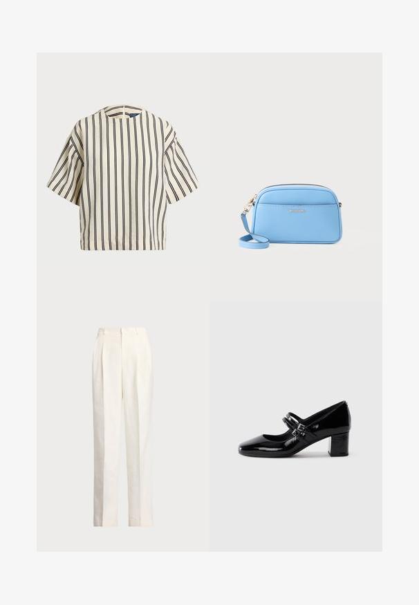 Kortærmet, stribet top i creme og marineblå, med rund halsudskæring og boxy design i et tekstureret stof.; Polo Ralph Lauren HEMP WIDE LEG PANT - Bukser - nevis; Sorte patentlæder Mary Jane sko med to spænde stropper og en lav blokhæl på en hvid baggrund.; Lyseblå læder crossbody-taske med hardware i guld tone, lynlås lukning og en frontlomme. Har en justerbar rem for bekvemmelighed.