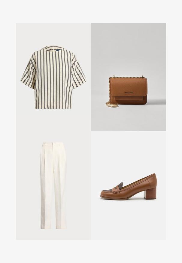 Krótki rękaw, paskowana bluzka w kolorze kremowym i granatowym, z okrągłym dekoltem i pudełkowym krojem, wykonana z fakturowanej tkaniny.; Polo Ralph Lauren - Spodnie materiałowe; MICHAEL Michael Kors FRANCES brązowy; Brązowa skórzana torba na ramię z teksturą, z złotym łańcuszkiem i zapięciem na klapkę. Z przodu znajduje się detal z logo oraz kieszeń pod klapką.
