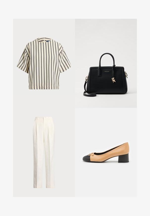 Krátky rukáv, pruhovaný top v krémovej a námorníckej modrej farbe, s okrúhlym výstrihom a štvorcovým strihom z texturovanej tkaniny.; Polo Ralph Lauren HEMP WIDE LEG PANT - Nohavice - nevis; Béžová kožená lodička s čiernym okrúhlym špičkou, malou mašľou a nízkym blokovým ihlom. Hladká textúra a klasický silueta.; Čierna kožená kabelka so štruktúrovaným dizajnom, dvojitými hornými uchami, odnímateľným ramenným popruhom, zlatými kovovými detailmi a akcentom logového prívesku.