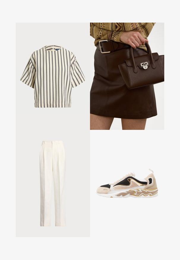 Kortærmet, stribet top i creme og marineblå, med rund halsudskæring og boxy design i et tekstureret stof.; Polo Ralph Lauren HEMP WIDE LEG PANT - Bukser - nevis; Sneaker med en overdel i sort mesh, tan nubuck-detaljer og en guldmetallic detalje. Har en hvid sål med et bølgemønster.; Brun læderhåndtaske med en struktureret overflade og sølvhardware, holdt i hånden ved siden af en brun lædernederdel og en mønstret sweater.