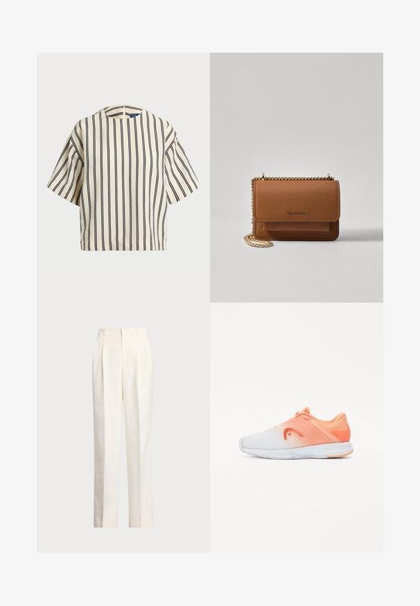 T-shirt à manches courtes, rayé crème et marine, présentant un col rond et un design boxy avec un tissu texturé.; Polo Ralph Lauren HEMP WIDE LEG PANT - Pantalon classique - nevis; Chaussures de sport avec un design en dégradé, passant du blanc à un orange clair, présentant une tige texturée et des accents orange au niveau du talon.; Sac en cuir texturé marron en bandoulière avec une sangle en chaîne dorée et une fermeture à rabat. L'avant présente un détail de logo et une poche sous le rabat.