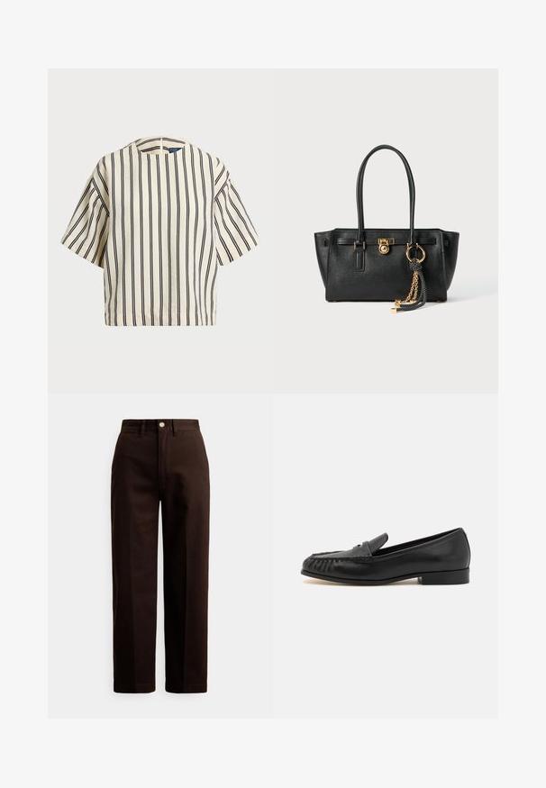 Short-sleeve, striped top in cream and navy, featuring a round neckline and boxy design with a textured fabric.; Dark brown straight-leg pants with button and zipper closure, belt loops, and front pockets against a white background.; Black leather loafers with a rounded toe, featuring a woven design on the front, low heel, and smooth finish. No additional embellishments.; Black leather handbag with double handles, gold lock and chain detail, and black-and-white tassel accessory against white background.