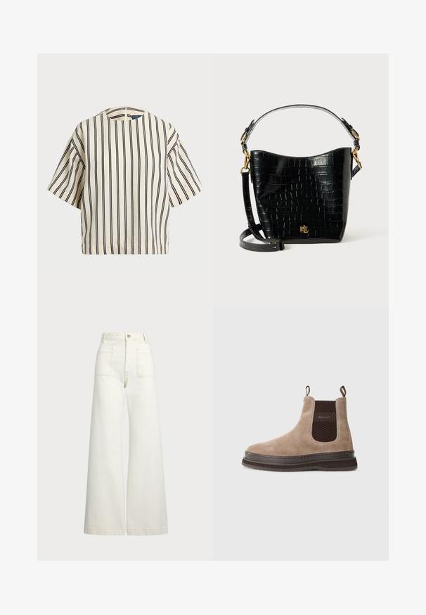 Krátky rukáv, pruhovaný top v krémovej a námorníckej modrej farbe, s okrúhlym výstrihom a štvorcovým strihom z texturovanej tkaniny.; Džínsy s širšími nohavicami v off-white denim. Vysoký pás s gombíkovým zapínaním, dve predné vrecká a kontrastné švy.; Béžové semišové členkové Chelsea boty s tmavohnedými elastickými bočnými panelmi a ťahacími pútkami, značené "GANT," a s hrubou gumovou podrážkou.; Čierna kabelka z kože s embosovaným hadím vzorom, zakriveného tvaru, so zlatými kovovými doplnkami, nastaviteľným popruhom a detailom loga na prednej strane.