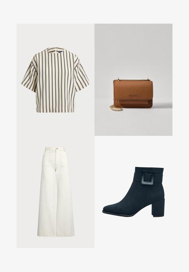 Kortærmet, stribet top i creme og marineblå, med rund halsudskæring og boxy design i et tekstureret stof.; Pæne brede jeans i off-white denim. Høj talje med knaplukning, to forlommer og detaljer med kontrastsyning.; Sort ruskind ankelstøvle med firkantet tå og bred blokhæl. Har en bred rem med en rektangulær spænde detalje.; Brun tekstureret læder crossover-taske med guldkæde-rem og klaplukning. Forsiden har logo-detalje og en lomme under klappen.