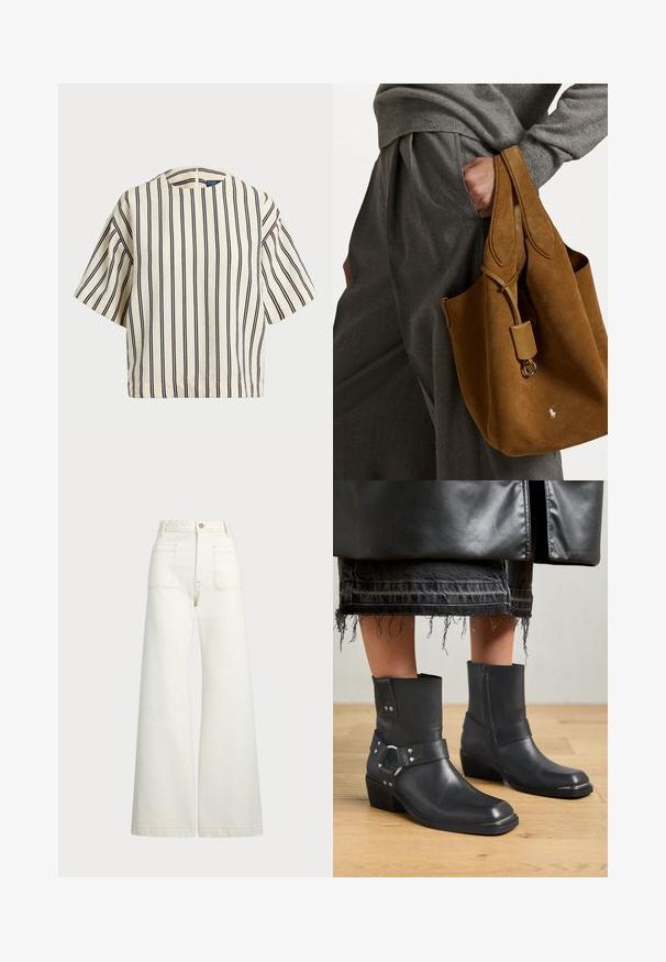 Short-sleeve, striped top in cream and navy, featuring a round neckline and boxy design with a textured fabric.; Wide-leg jeans in off-white denim. High-waisted design with a button closure, two front pockets, and contrast stitching details.; Black leather ankle boots with a rounded toe, side zipper, and wide strap accented with metal hardware. Wedge heel and textured details on the sole.; Brown suede tote bag with rounded shape, dual handles, and a metal hardware accent. Features a small logo on the front.