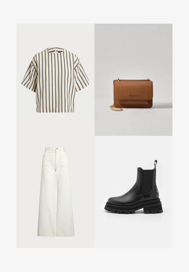 Kratki rukavi, prugasti top u krem i tamnoplavoj boji, sa okruglim izrezom i kutijastim dizajnom od teksturirane tkanine.; Široke traperice u boji krem-paleža. Visoki struk s kopčanjem na dugme, dva prednja džepa i kontrastni šavovi.; Crna kožna Chelsea čizma s elastičnim bočnim panelima, okruglim vrhom, debelim gumenim potplatom i trakom za nošenje na peti. Teksturalne i glatke površine.; Smeđa kožna torba preko tijela s teksturom, zlatnim lančićem i preklopom na zatvaranju. Na prednjoj strani nalazi se detalj s potpisom i džep ispod preklopa.