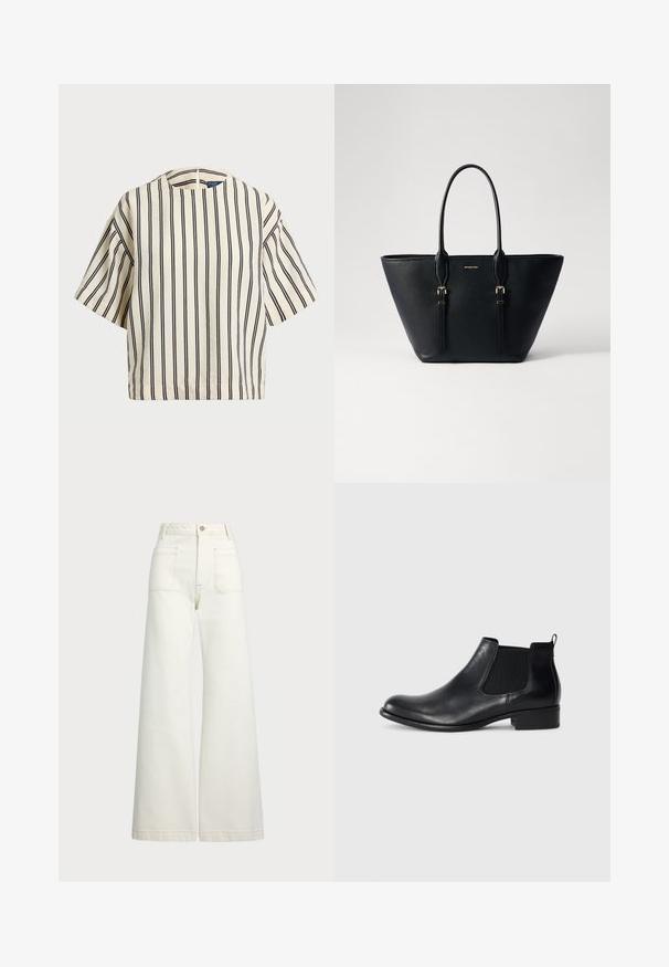 T-shirt à manches courtes, rayé crème et marine, présentant un col rond et un design boxy avec un tissu texturé.; Jeans large en denim écru. Design taille haute avec une fermeture à bouton, deux poches avant et des détails de surpiqûres contrastantes.; Bottine Chelsea en cuir noir avec des panneaux élastiques sur les côtés, bout arrondi, une languette à l'arrière et un petit talon carré. Texture lisse.; Sac fourre-tout en cuir noir avec finition texturée, forme allongée, doubles poignées et accents en métal doré.