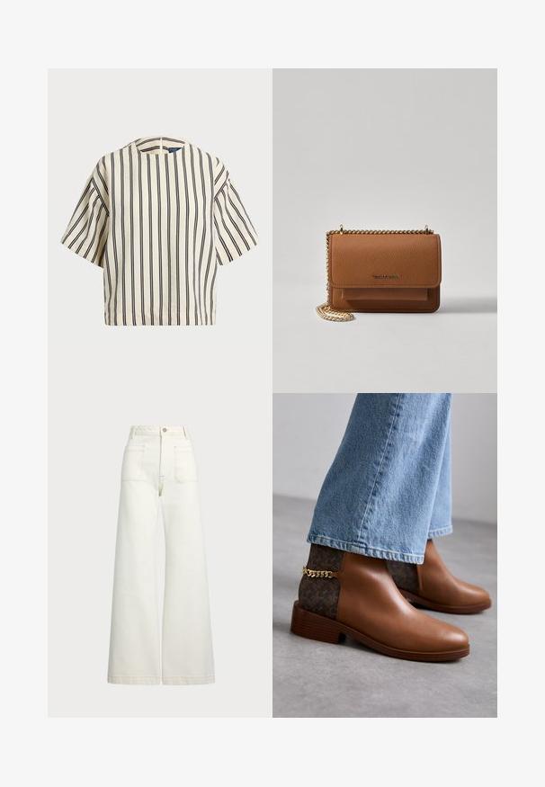 Krátký rukáv, pruhované tričko ve krémové a námořnické barvě, s kulatým výstřihem a širokým střihem z texturovaného materiálu.; Džíny s širokými nohavicemi v off-white denim. Vysoký pas s knoflíkovým zapínáním, dvě přední kapsy a detaily kontrastního šití.; Hnědé kožené kotníkové boty s hladkým povrchem, které mají vzorovanou tmavě hnědou boční část a zlatý řetízek na patě.; Hnědá texturovaná kožená kabelka přes rameno se zlatým řetízkovým popruhem a klopnovým uzavíráním. Přední strana obsahuje detail loga a kapsu pod klopou.