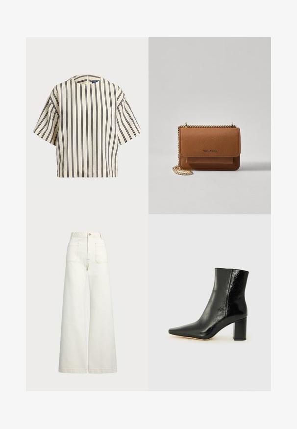 T-skjorte med korte ermer, stripet i kremfarge og marineblå, med rund hals og en boxy design i en strukturert stoff.; Vidde bukser i off-white denim. Høyt liv-design med knappelukking, to frontlommer og kontrastsøm detaljer.; Svart ankelstøvel laget av blankt lær med spiss tå og en robust, firkantet hæl. Har en glatt tekstur og en minimalistisk design.; Brun teksturert lær crossover-veske med gullkjede-stropp og klaffelukking. Fronten har logo-detalj og en lomme under klaffen.