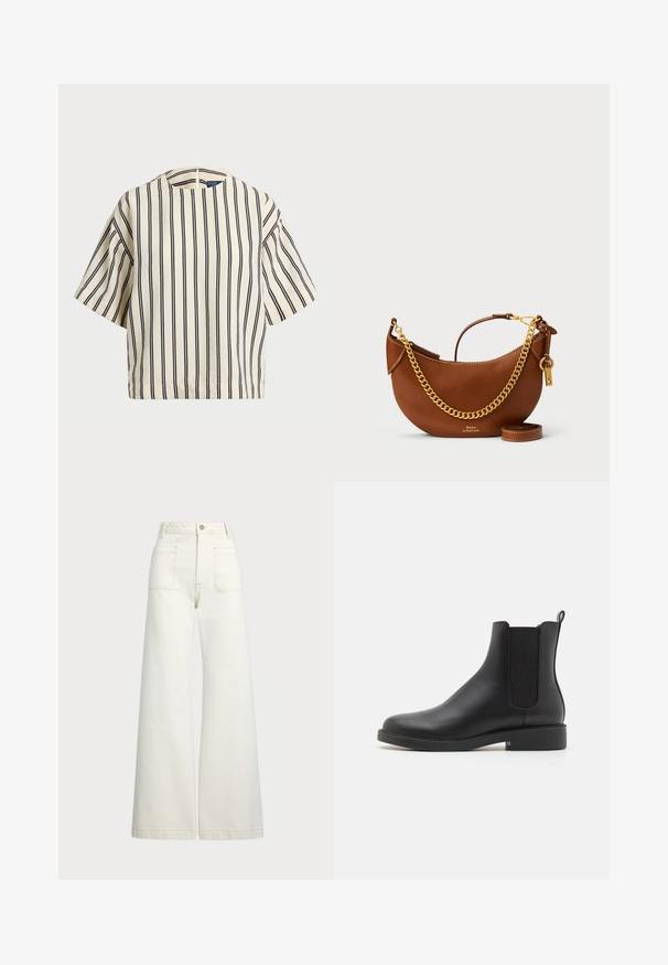 Cămașă cu mâneci scurte, cu dungi în nuanțe de crem și bleumarin, având un decolteu rotund și un design dreptunghiular dintr-un material texturat.; Jeans cu picioare late din denim alb-crem. Design cu talie înaltă, cu închidere prin nasture, două buzunare frontale și detalii cu cusături contrastante.; Cizma de gleznă din piele neagră, cu panouri elastice pe laterale, bot rotunjit, toc mic pătrat și o bandă de întindere la spate pentru o purtare ușoară.; Geantă de piele maro cu un design curbat, curea cu lanț auriu, buzunar interior și curea de umăr detașabilă. Dispune de cusături contrastante.