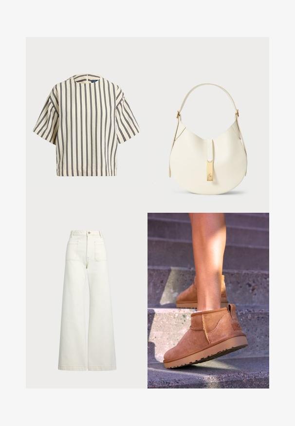 Krátky rukáv, pruhovaný top v krémovej a námorníckej modrej farbe, s okrúhlym výstrihom a štvorcovým strihom z texturovanej tkaniny.; Džínsy s širšími nohavicami v off-white denim. Vysoký pás s gombíkovým zapínaním, dve predné vrecká a kontrastné švy.; Hnedé semišové členkové topánky so svetlou textúrou, prešívanými detailmi a gumovou podrážkou, s pútkom na päte pre jednoduché obúvanie.; Krémová kožená kabelka cez rameno s oblým tvarom, horným zakrytím, zlatým hardvérom a štruktúrovaným povrchom.
