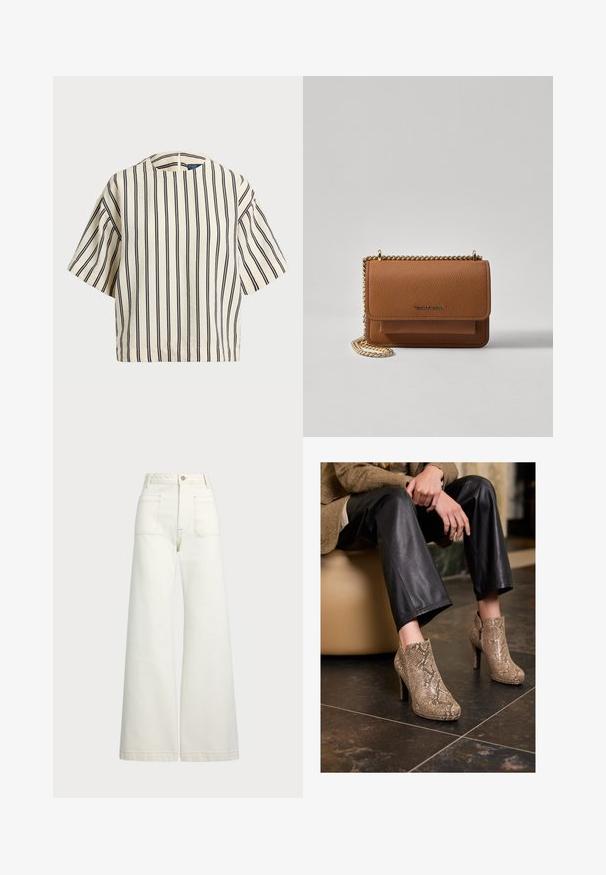 Top de manga curta, riscado em creme e azul marinho, com decote redondo e design boxy em tecido texturizado.; Jeans de perna larga em denim off-white. Design de cintura alta com fecho de botão, dois bolsos frontais e detalhes de costura em contraste.; Pessoa vestindo calças de couro pretas e botas de salto alto com padrão de pele de cobra bege, sentada em um assento bege dentro de um espaço fechado.; Bolsa crossbody de couro texturizado castanho com alça de corrente dourada e fecho com aba. A parte da frente apresenta detalhe do logótipo e um bolso sob a aba.