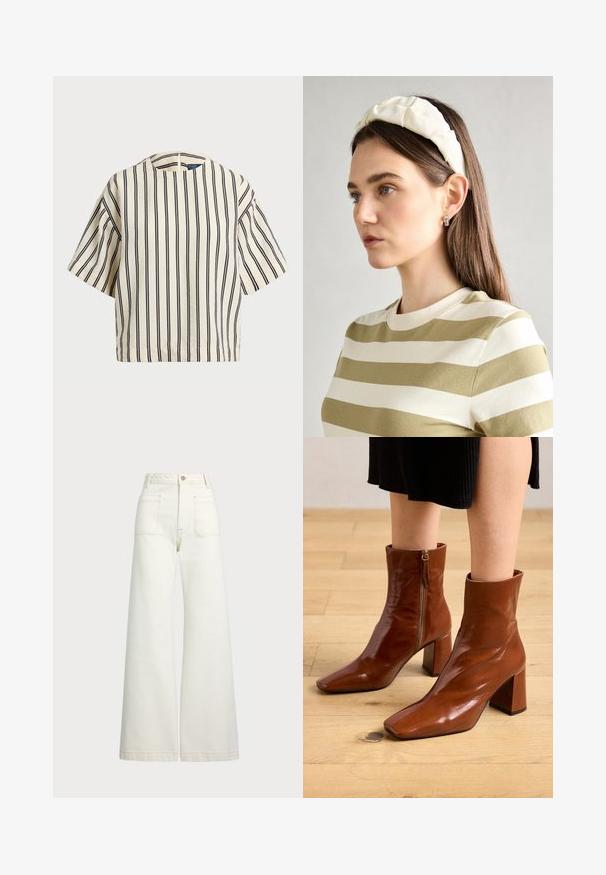 Kratki rukavi, prugasti top u krem i tamnoplavoj boji, sa okruglim izrezom i kutijastim dizajnom od teksturirane tkanine.; Široke traperice u boji krem-paleža. Visoki struk s kopčanjem na dugme, dva prednja džepa i kontrastni šavovi.; Smeđe kožne gležnjače s sjajnim završetkom, četvrtastim vrhom, blok petom i detaljem bočnog zatvarača, postavljene na svijetli drveni pod.; Kremasta podstavljena trakica za glavu s uvijenim dizajnom, uparen s bež i bijelom prugastom majicom s okruglim izrezom. Suptilni dodaci nakita.