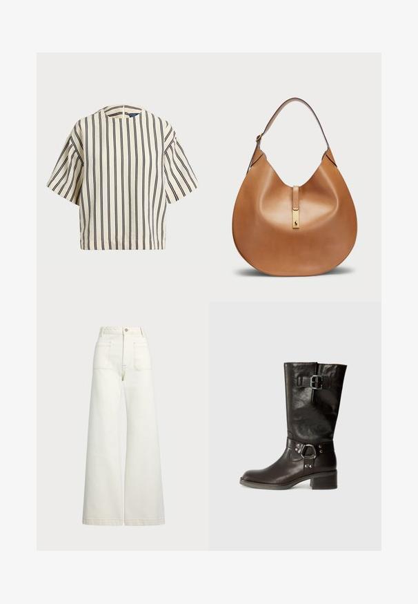Kratek rokav, prugast top v kremni in mornarsko modri barvi, z okroglim izrezom in kvadratnim dizajnom ter teksturirano tkanino.; Široke jeans hlače v off-white denim tkanini. Visok pas z gumbnim zapiranjem, dvema sprednjima žepoma in detajli kontrastnega šivanja.; Rjav usnjen čizmi do kolen z zaobljenim nosom, stransko zaponko in debelim petom. Gladka tekstura z metalnimi detajli na traku.; Torbica iz svetlo rjave usnjene oblike s širokim ramenskim trakom. Ima zlatni kovinski poudarek na sredini in gladko teksturo.