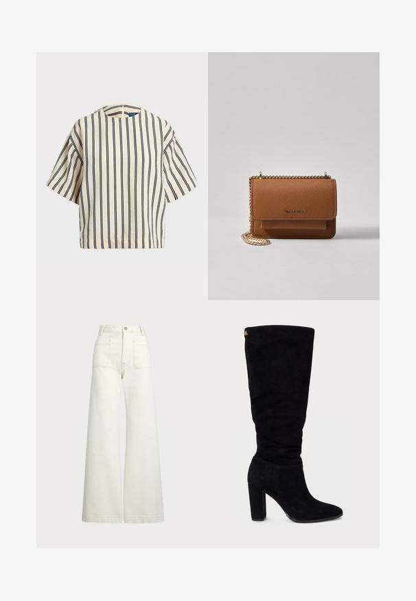 Kratek rokav, prugast top v kremni in mornarsko modri barvi, z okroglim izrezom in kvadratnim dizajnom ter teksturirano tkanino.; Široke jeans hlače v off-white denim tkanini. Visok pas z gumbnim zapiranjem, dvema sprednjima žepoma in detajli kontrastnega šivanja.; Črne zamskaste škornje do kolen s širokim podplatom, koničastim nosom in gubanjem na vrhu. Na strani imajo zlat poudarek.; Rjava teksturirana usnjena torba čez ramo z zlatim verižnim trakom in zapiranjem na pokrov. Spredaj je vidna podrobnost logotipa in žep pod pokrovom.
