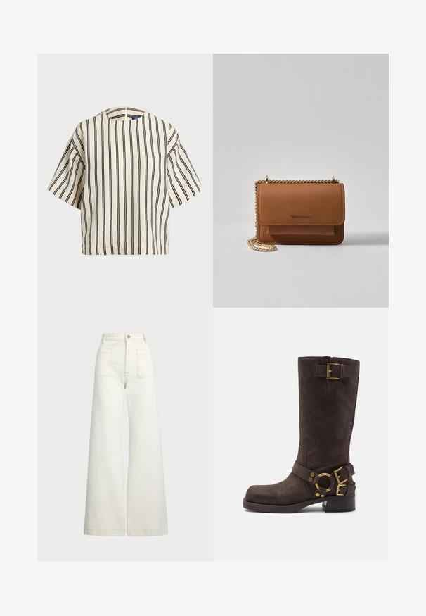 Kortärmad randig topp i krämfärgad och marinblå, med rund halsringning och fyrkantig design i en texturerad tyg.; Vida jeans i off-white denim. Hög midja med knappstängning, två framfickor och kontrastsömnadsdetaljer.; Bruna mockaläders knähöga stövlar med rund tå, gyllene detaljer, två spännband och en låg, kraftig klack.; Brun texturerad läder crossbody-väska med guldkedja och klaffstängning. Framsidan har logotypdetalj och en ficka under klaffen.
