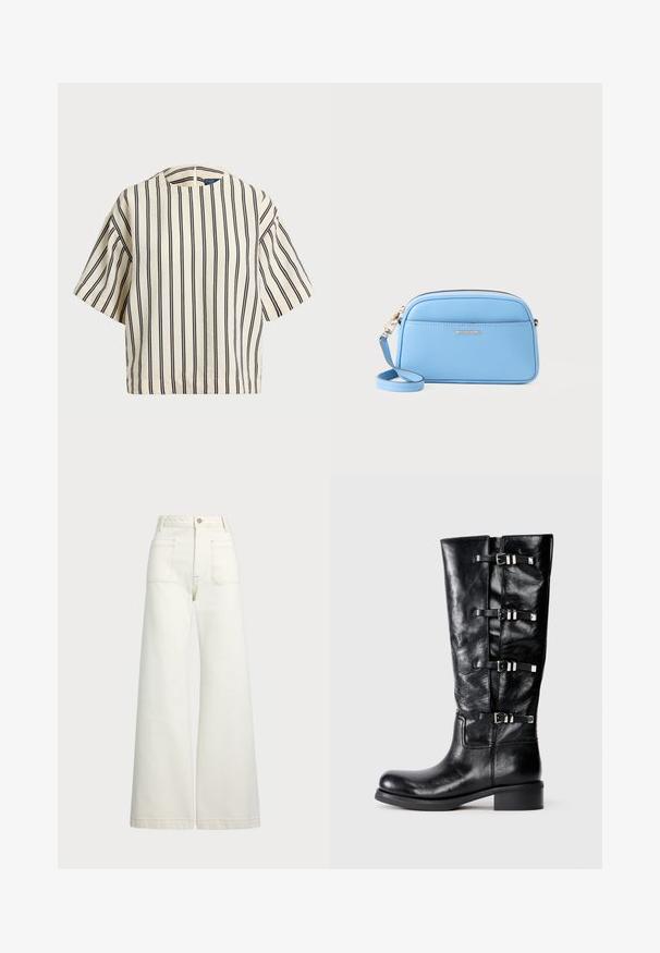Top de manga curta, riscado em creme e azul marinho, com decote redondo e design boxy em tecido texturizado.; Jeans de perna larga em denim off-white. Design de cintura alta com fecho de botão, dois bolsos frontais e detalhes de costura em contraste.; Bota preta de couro até ao joelho com bico arredondado, apresentando três tiras decorativas com fivelas de metal e um salto baixo em bloco. Textura suave.; Bolsa crossbody em couro azul claro com acessórios em tom de ouro, fecho em zip, e um bolso frontal. Apresenta uma alça ajustável para conveniência.
