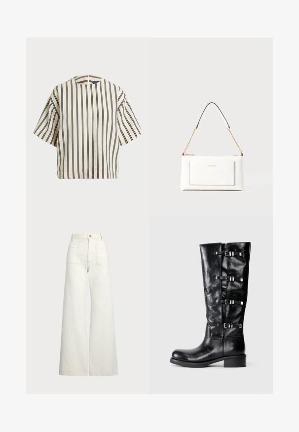 Korte mouwen, gestreepte top in crème en marineblauw, met een ronde halslijn en een boxy ontwerp van een textuurstof.; Wijd-zit jeans van off-white denim. Hooggaande taille met een knoopsluiting, twee voorzakken en contrasterende stikdetails.; Zwarte leren kniehoge laars met een ronde neus, voorzien van drie riemaccenten met metalen gespen en een lage blokhak. Gladde textuur.; Witte leren handtas met een textuurafwerking, voorzien van een gouden schouderhengsel en zwarte accenten. Inclusief een voorvak en ritssluiting.