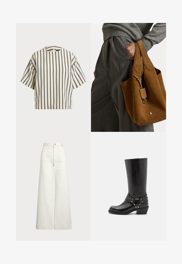 Rövid ujjú, csíkos felső krém és tengerészkék színben, kerek nyakkivágással és dobozos fazonnal, texturált anyagból.; Széles szárú farmernadrág off-white denim anyagból. Magas derekú dizájn, gombos záródással, két elülső zsebbel és kontrasztos varrási részletekkel.; Fekete bőr térdmagasságú csizmák hegyes orral, rétegelt sarkal és csatos részletekkel. Simán textúra, egyszerű dizájn és ezüst színű hardver kiegészítők.; Barna velúr táska lekerekített formával, dupla fogantyúval és fém részlettel. Az elején egy kis logó található.