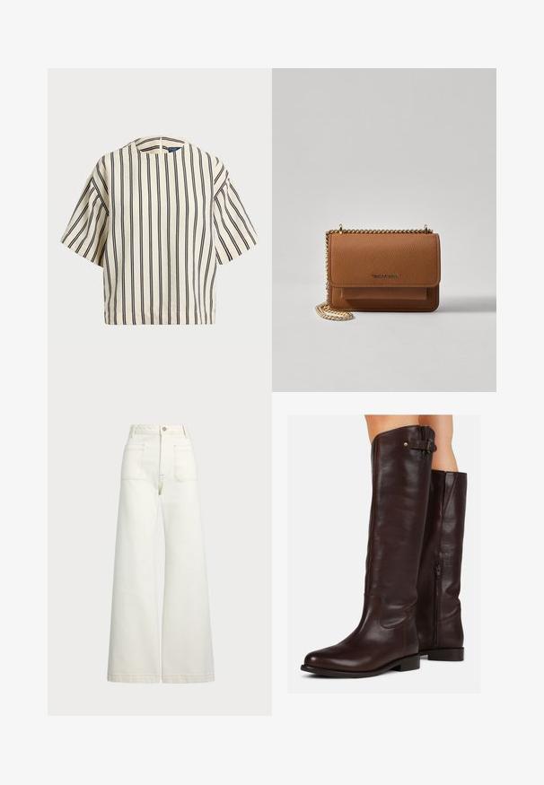 Kreemjas ja tumesinises triibuline lühikeste varrukatega top, millel on ümmargune kaelus ja kastmine disain, valmistatud tekstuurses kangas.; Laiad teksad heledast denimist. Kõrge vöökoht, nööbivöö, kaks esikotitäit ja kontrastsed õmblused.; Pruunid nahast põlvekõrgused saapad ümarate varvastega, külgzipperiga ja väikese pandlaga ülaserval, millel on sile tekstuur.; Pruun tekstureeritud nahk ristkeha kott kuldse ahelaga rihmaga ja klapiga sulgemine. Esiküljel on logo detail ja tasku klapi all.