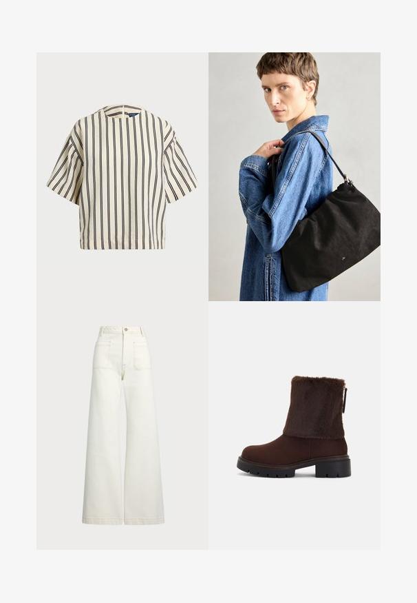 Short-sleeve, striped top in cream and navy, featuring a round neckline and boxy design with a textured fabric.; Wide-leg jeans in off-white denim. High-waisted design with a button closure, two front pockets, and contrast stitching details.; Brown ankle boot with a soft faux fur shaft, block heel, and textured rubber sole. Side zip closure and stitched detail around the base.; Black suede handbag with a soft, structured shape, featuring a slim leather strap and subtle brand logo. Model wears a denim jacket.