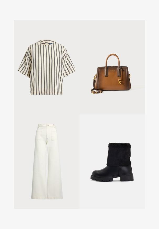 Lyhythihainen, raidallinen paita kirkas- ja tummansinisen sävyissä, jossa on pyöreä pääntie ja laatikkomainen muotoilu tekstuuritetussa kankaassa.; Reisitaskuhousut vaaleanvalkoisesta denimestä. Korkea vyötärö, napitus, kaksi etutaskua ja kontrastiväriset ompeleet.; Mustat nilkkurit, joissa on sileä nahkapohja ja teksturoitu keinoturkiskaulus. Siro, uritettu kumipohja pidon parantamiseksi.; Ruskea nahkainen käsilaukku, jossa on kaksoiskahvat, irrotettava olkahihna, kultaiset yksityiskohdat ja koristeellinen riipus, jossa on kirjaimet "MK."