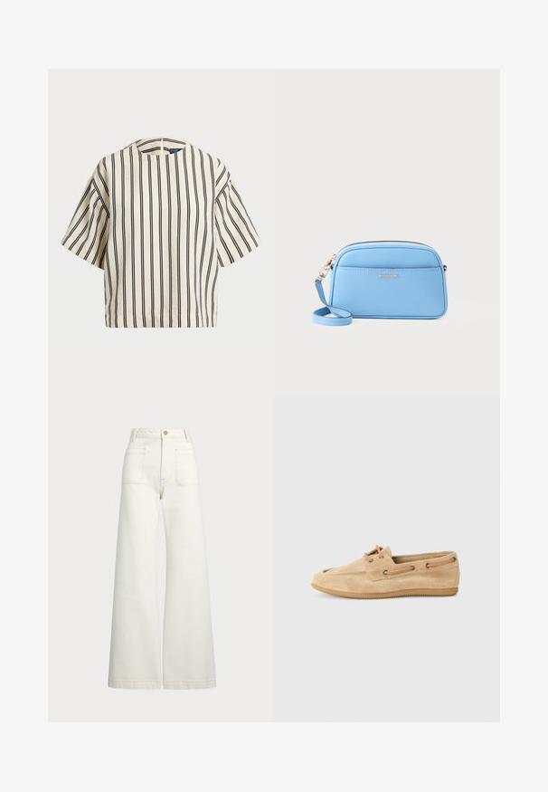 T-skjorte med korte ermer, stripet i kremfarge og marineblå, med rund hals og en boxy design i en strukturert stoff.; Vidde bukser i off-white denim. Høyt liv-design med knappelukking, to frontlommer og kontrastsøm detaljer.; Beige semsket sko med rund tå, flat gummisåle og snøring. Har brune lærdetaljer og søm langs sidene.; Lys blå skinn crossover-veske med gulltonet detaljer, glidelås lukking og en frontlomme. Har justerbar stropp for ekstra bekvemmelighet.